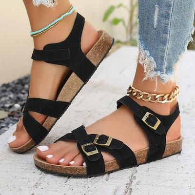 Mode Retro Schnallenriemen Kork Sandalen Damen 2025 Sommer Kreuzriemen Flache Sandalen Frau Markendesign Bequem Rutschfest Strandschuhe