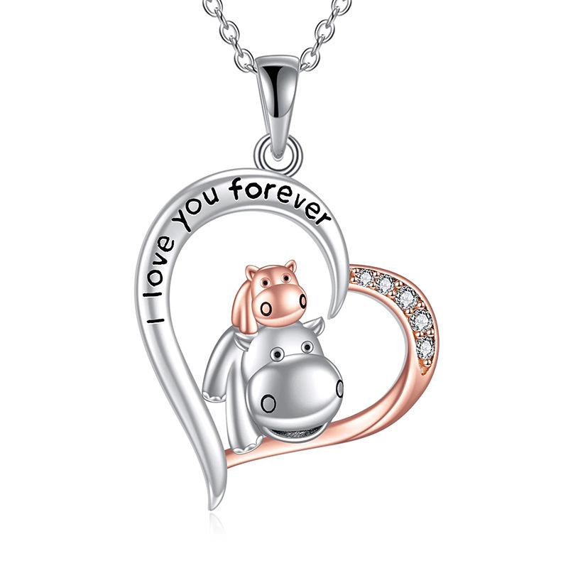 

S925 Hippo Mother-Child Necklace with I LOVE YOU Heart Engraving 925 Silver белый