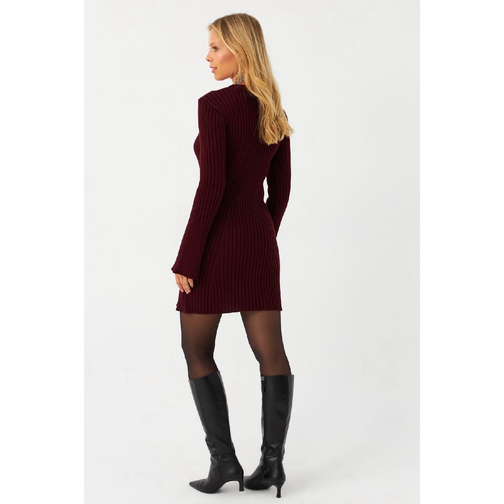 Women's Burgundy Spanish Sleeve Knitwear Mini Dress Yv273