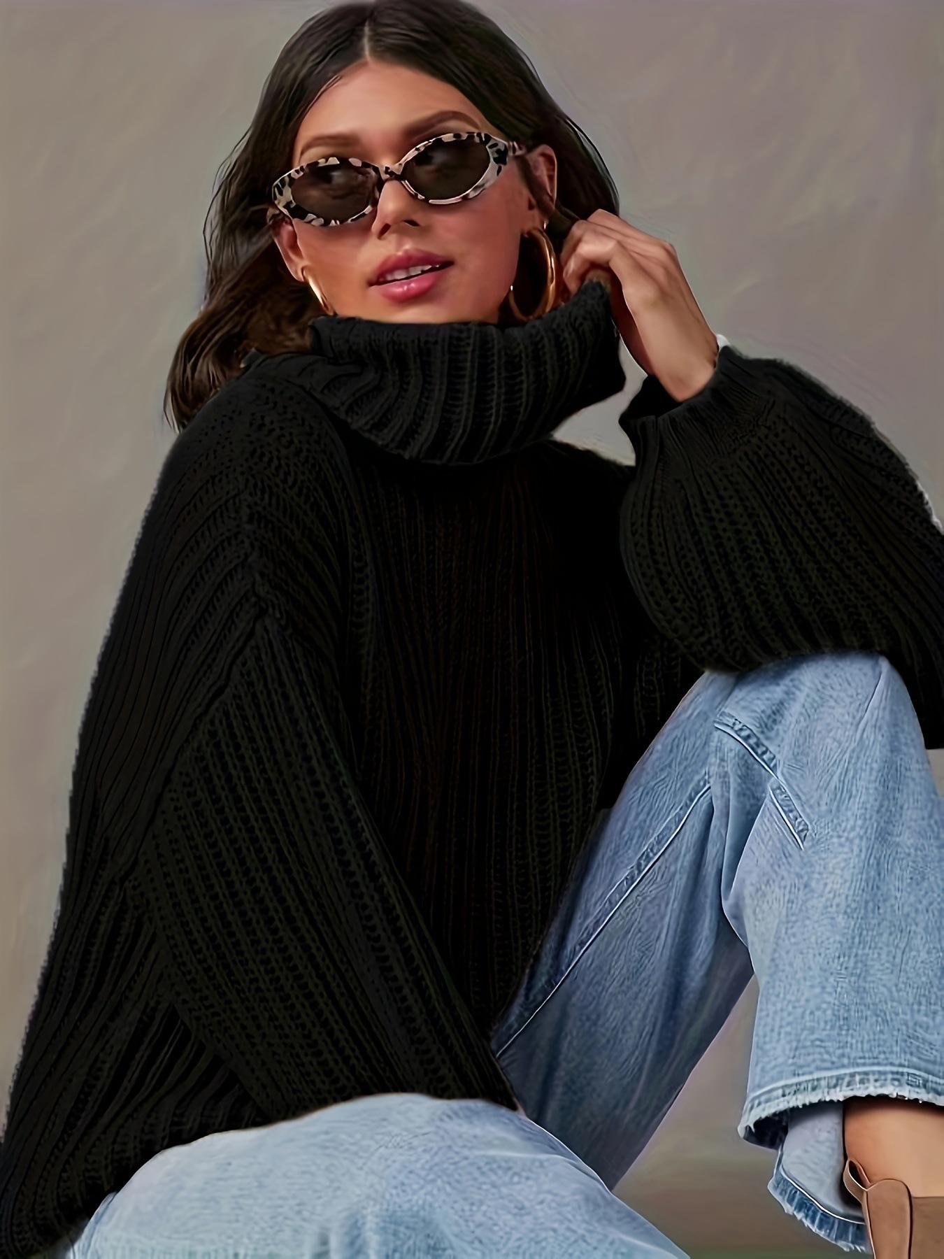 

Женский вязаный пуловер с высоким воротником большого размера, зимняя верхняя одежда, свободный однотонный элегантный пуловер с длинным рукавом, женский повседневный теплый свитер L