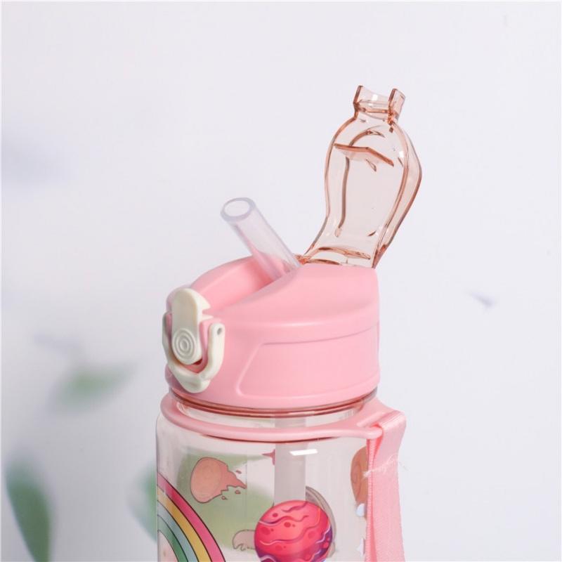 650ml Cute Cartoon Astronaut Heat-Transfer Plastic Cup Outdoor Sports Portable Lanyard Straw Locking Student Water Cup