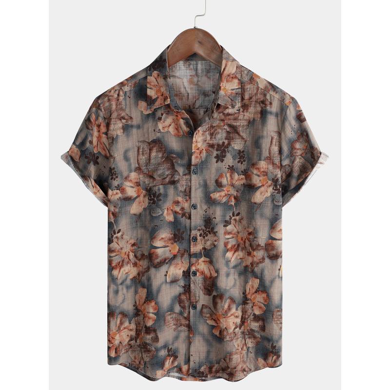 Retro floral print short sleeved shirt for men's casual lapel single breasted shirt 3D printed polyester short sleeved shirt
