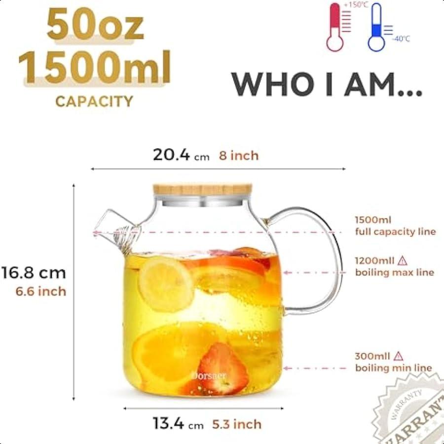 1500ml Glass Teapot with Bamboo Lid 50oz Stovetop Safe Borosilicate Glass Tea Kettle with Infuser for Blooming Tea Fruit Tea Lo