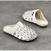 Johnature Genuine Leather Round Toe Flat Slippers Hollow Out Soft Soled Outdoor Slides Women's Slip-on Sheos