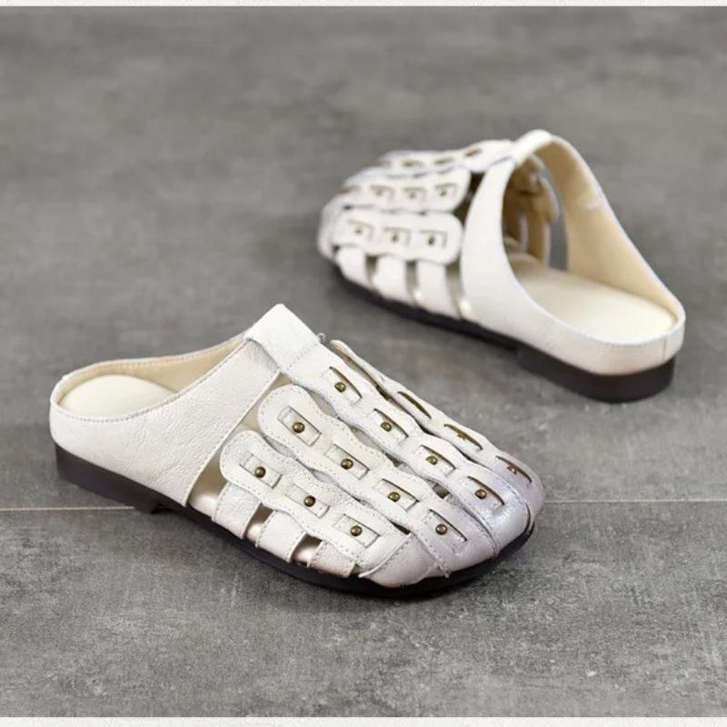 Johnature Genuine Leather Round Toe Flat Slippers Hollow Out Soft Soled Outdoor Slides Women's Slip-on Sheos