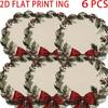 Set of 6 Retro Wreath Design Round Placemats with Musical Notes And Red Bows for Christmas, Holiday Kitchen, Banquet And Party Catering Decoration