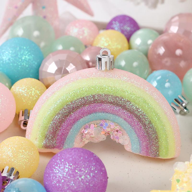 Macaron-Colored Christmas Tree Ornament Set: Painted Ball, Star, and Tree Topper Decorations