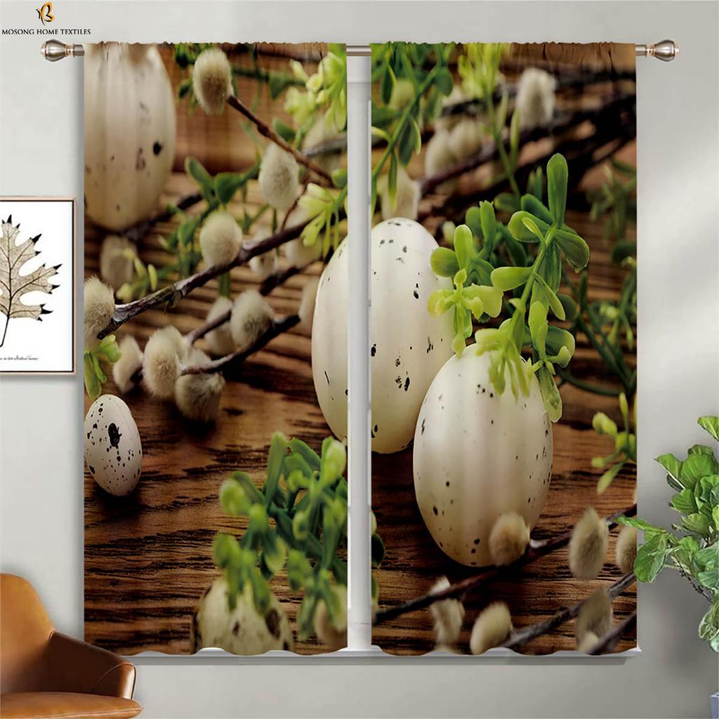 Set Of 2 Cute Cartoon Rabbit Colored Eggs Easter Print Curtain Bedroom Living Room Children Decorative Curtains Made Polyester Great Window Treatment
