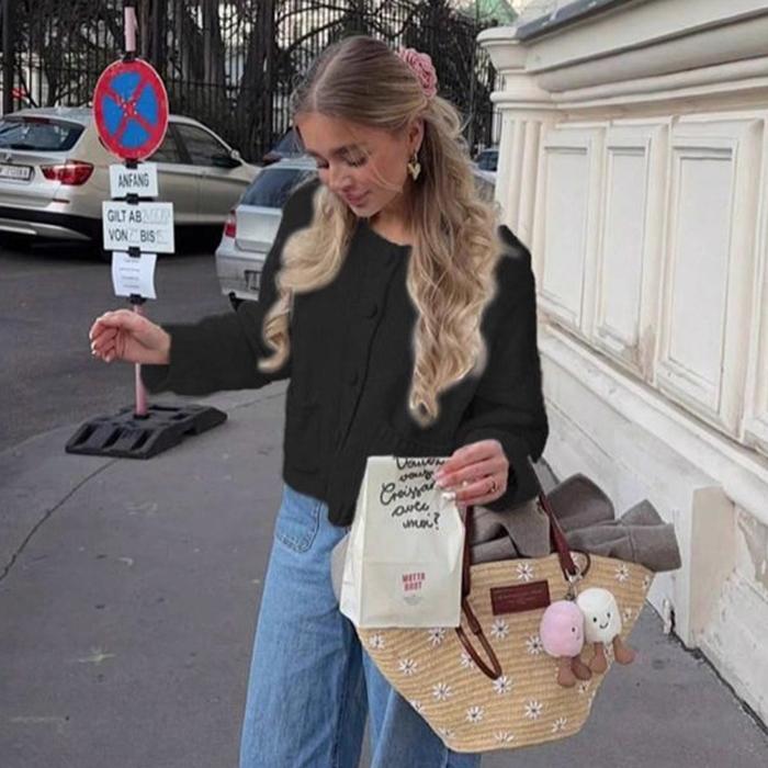 Однотонный женский кардиган с длинным рукавом - Вязаный свитер на пуговицах с карманом S
