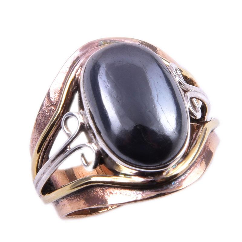 Natural Gunmetal Gemstone Handmade 925 Sterling Silver Two Tone Ring S.5.5 h3Y56