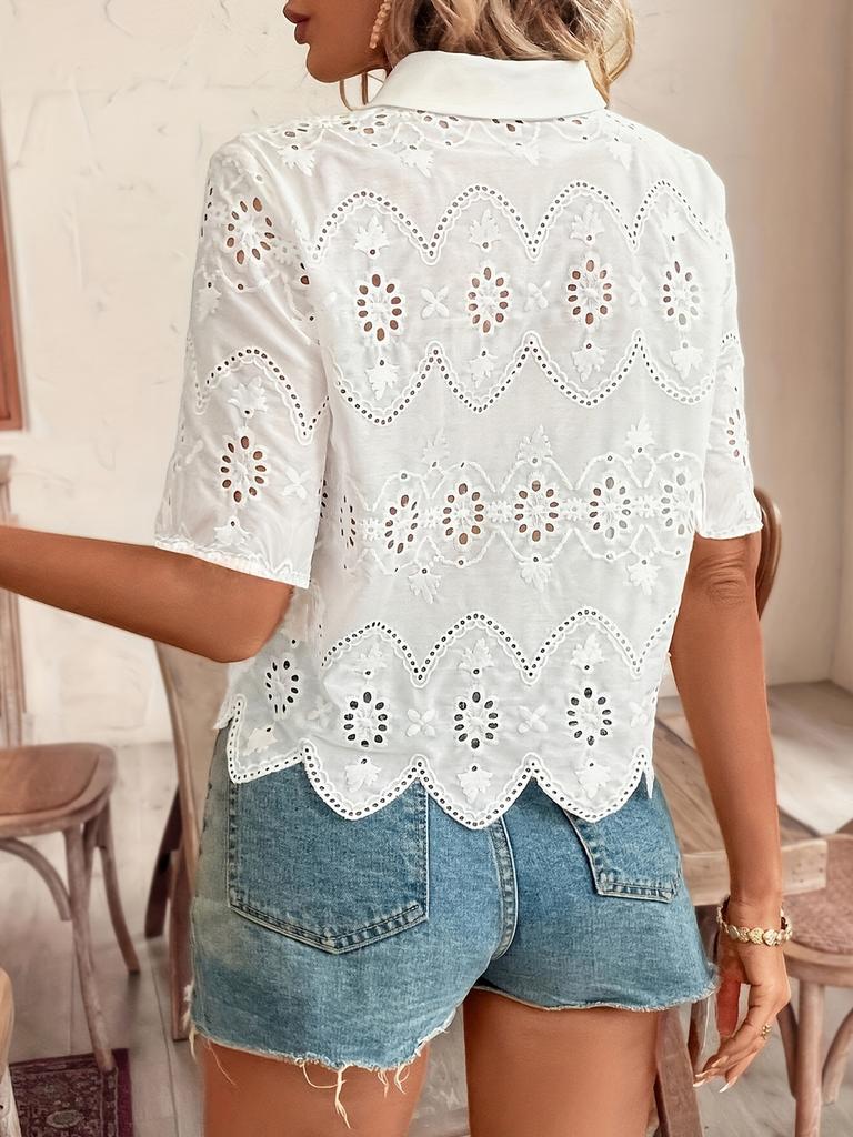 New Spring Summer Women's Clothing New Solid Lace Trim Hollowed Out Short Sleeve Casual Top
