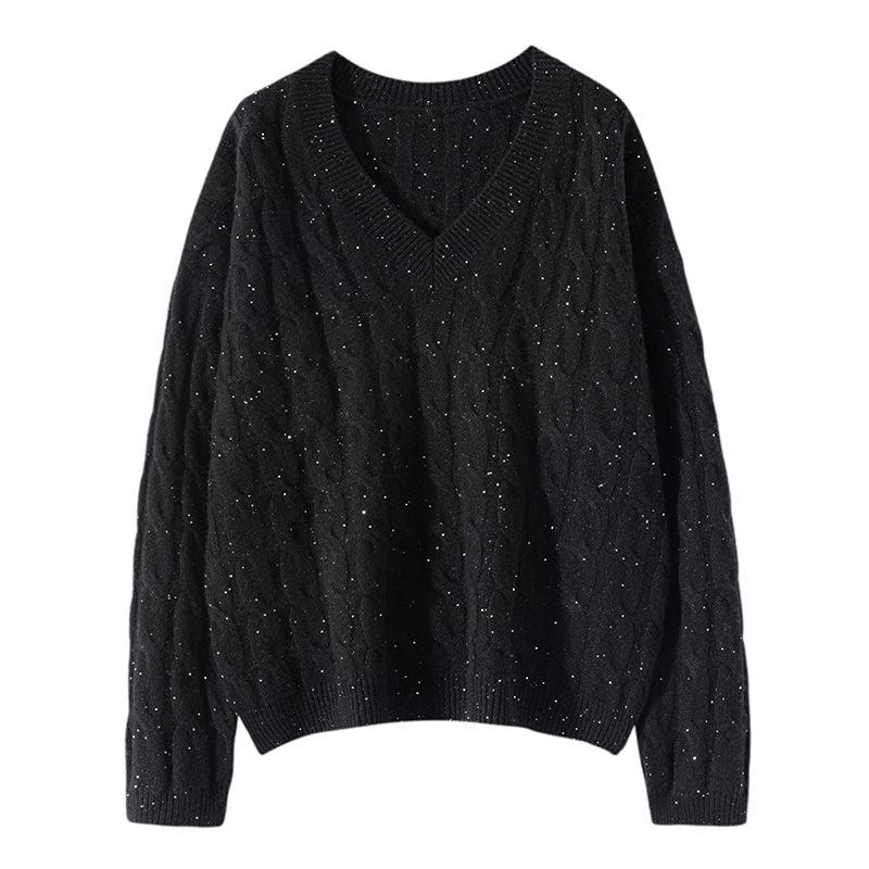 Women's V-Neck Loose Cable Knit Wool Sweater - Winter 2024 Casual Pullover Knitwear