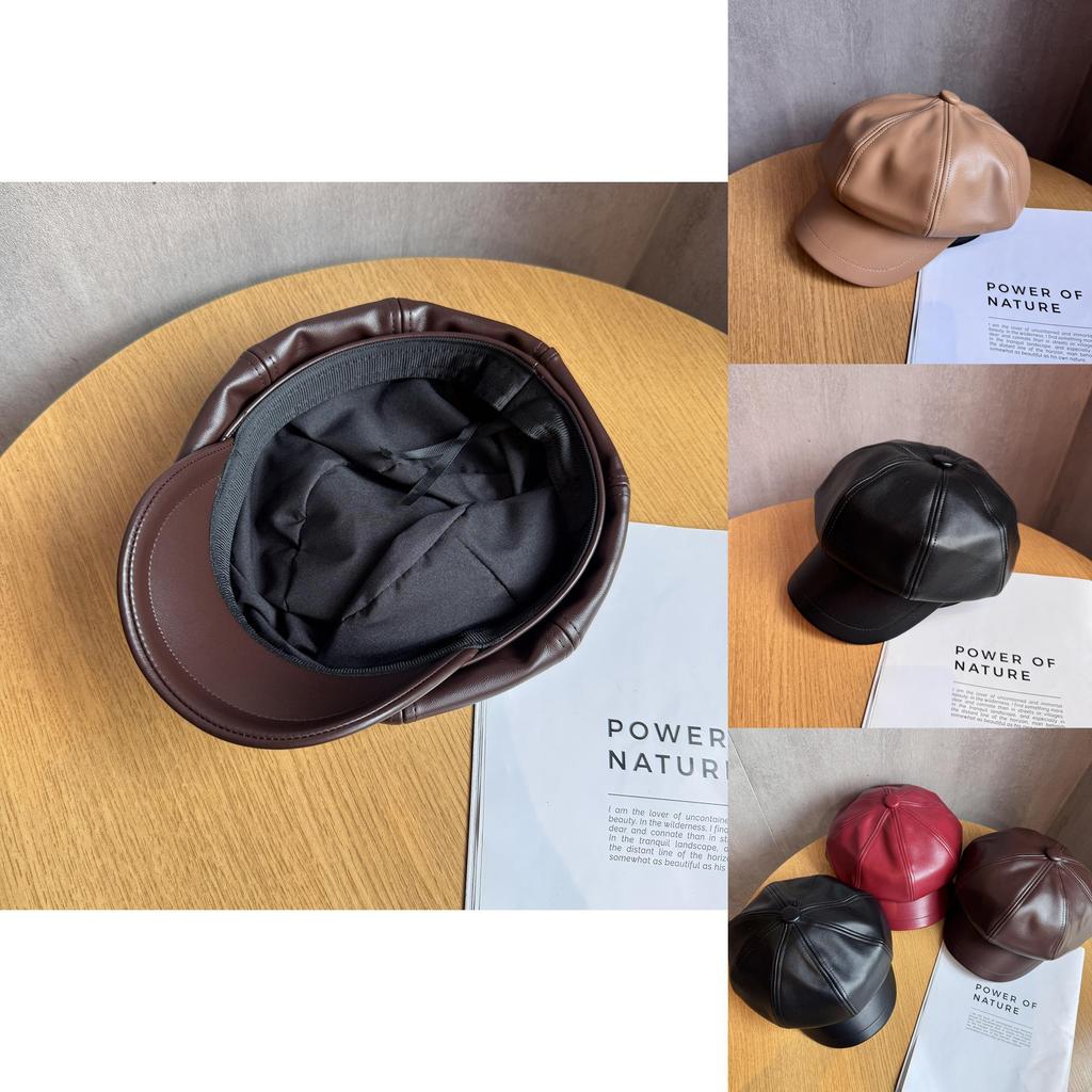 Pu Leather Octagonal Hat For Women With Sun Protection Chic Winter Fashion Accessory