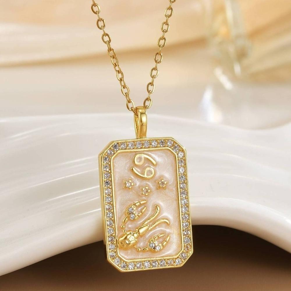 Gold Plated Retro Clavicle Chain Zircon Zodiac Pendant Necklace  Women Men