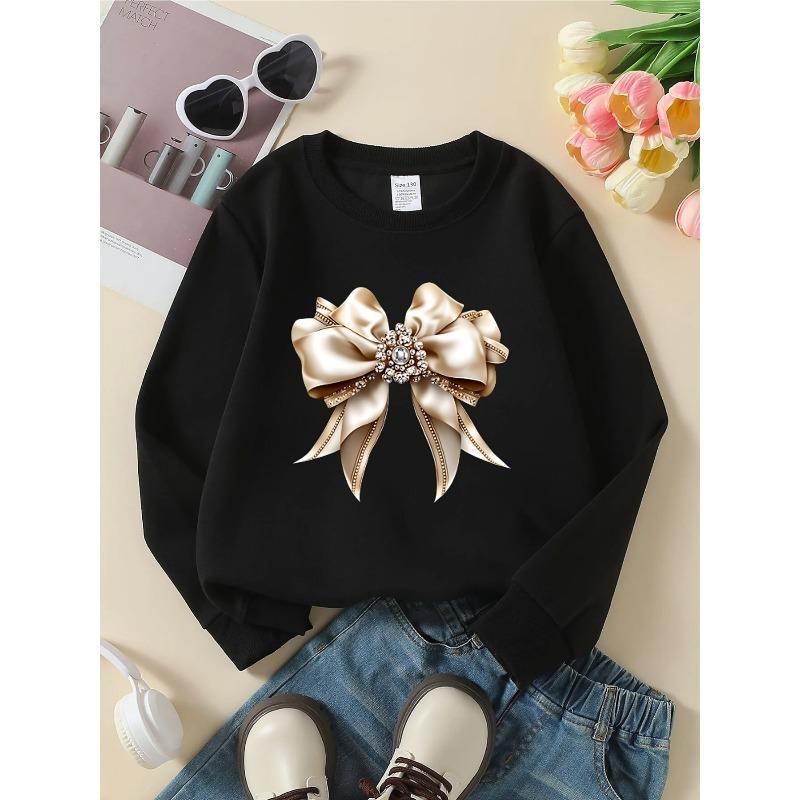 Kids Unisex Crewneck Sweatshirt, Luxury Rhinestone Satin Bow Print Soft Fleece Pullover For Kids Over 4 Years Old