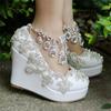 Fashion Rhinestone Bride Wedding Shoes Woman Ankle Strap Wedges High Platform Pumps High Heels Party Rhinestone Round Toe Wedges 11 CM