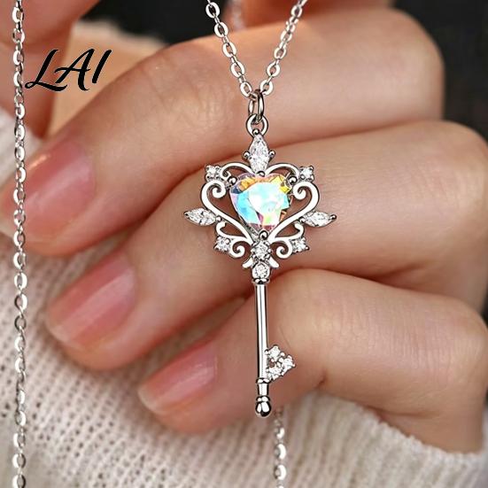 Key Pendant Necklace for Women Magic Necklace Pink Cubic Zirconia Heart Sparkling Rhinestone Sweet Fairy Jewelry Girls Versatile Alloy Chain