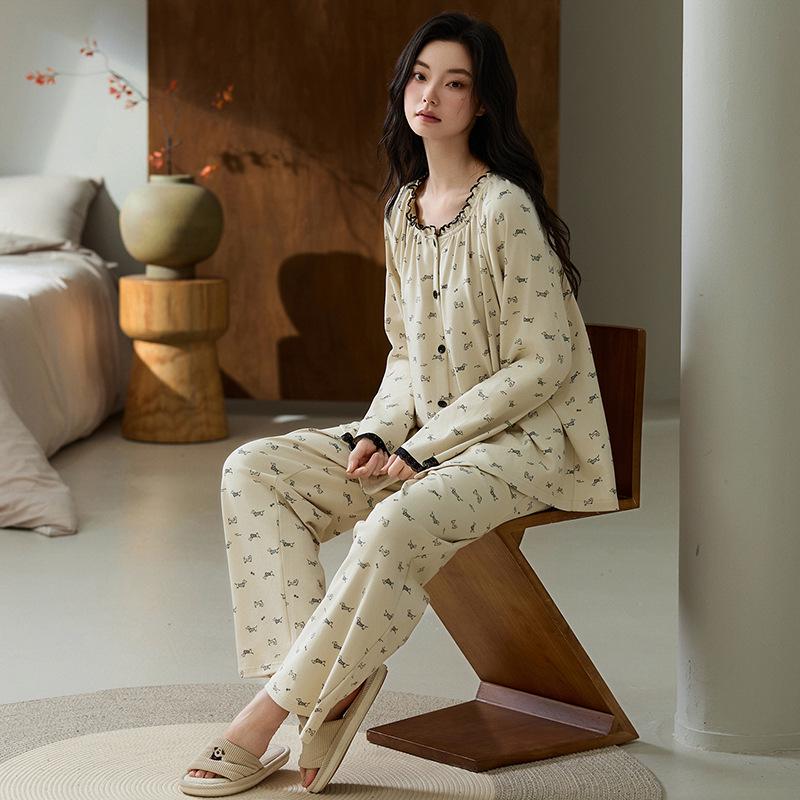 Klasse A Antibakterielles Baumwoll-Pyjama-Set für Damen - Langarm, Lange Hose, Revers-Cardigan Zweiteilig Hauskleidung