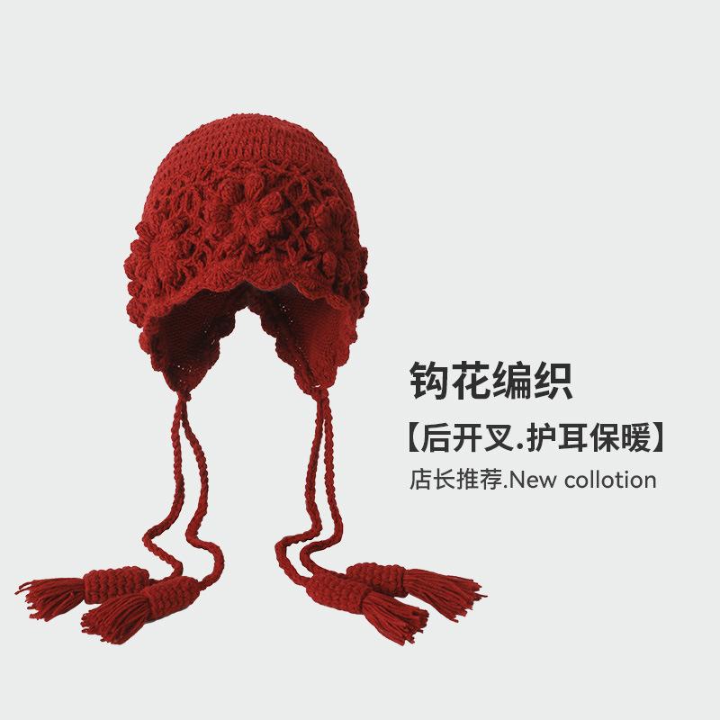 Beret women's autumn and winter handmade knitted wool hat double-layer warm and windproof retro niche stacked bag head cold hat