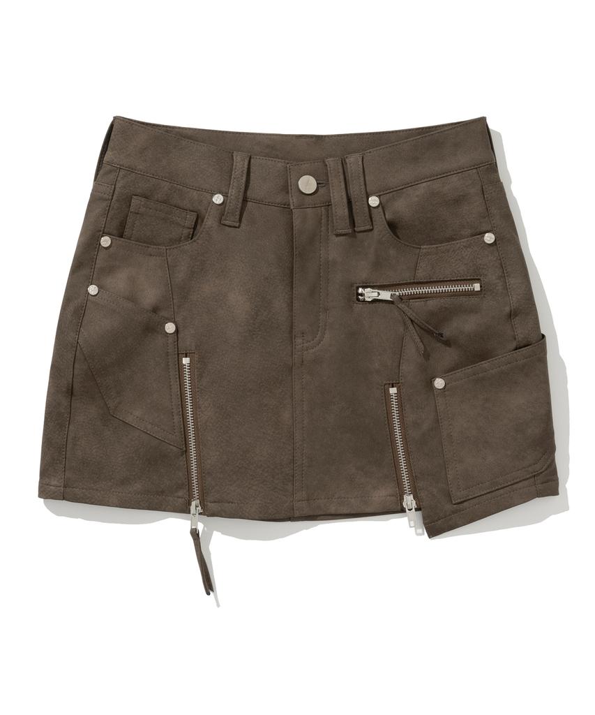 NOT4NERD W Vintage Leather Zipper Mini Skirt - Brown