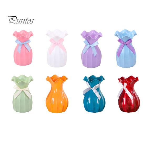 Light Plastic Vase Shatterproof Flower Vase with Ruffled Mouth Dried Flowers Holder with Bow for Bedroom Living Room Table Decor