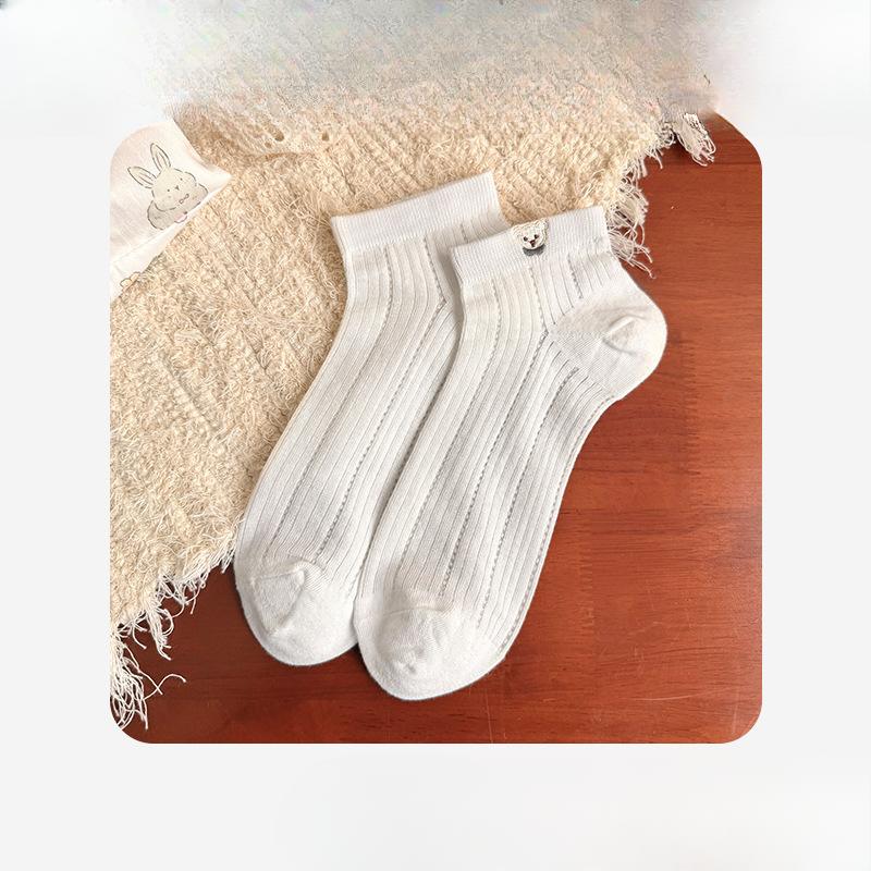 Ladies Spring and Summer Thin New Solid Color Embroidery Lovely Cartoon Versatile Breathable Boneless Boat Socks