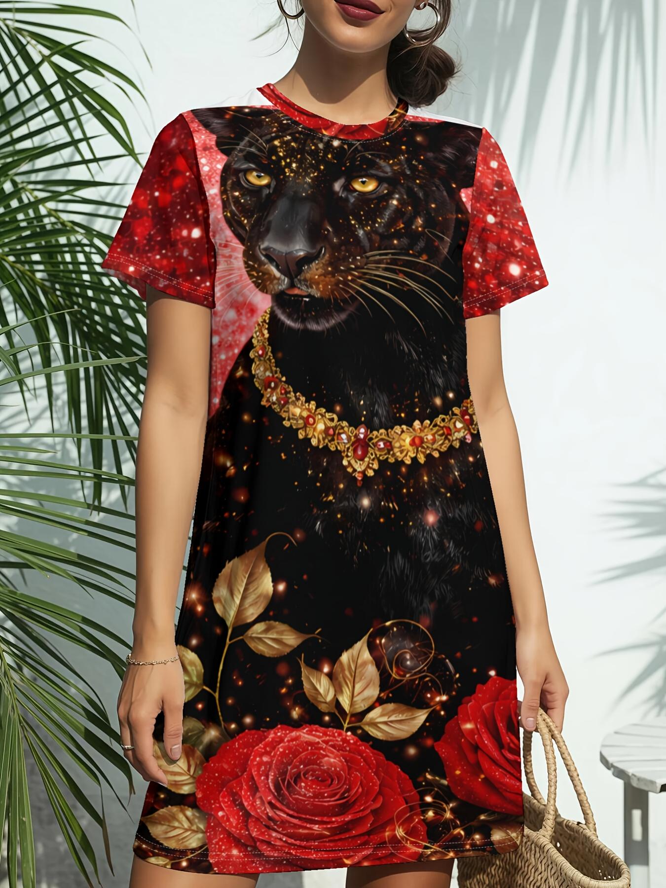 

Rose Catnew Women S Round Neck Short Sleeve T-Shirt Dress. American Style Trend Digital Printing. Casual And Versatile for Spring And Summer. Elegant XL дубильная кора