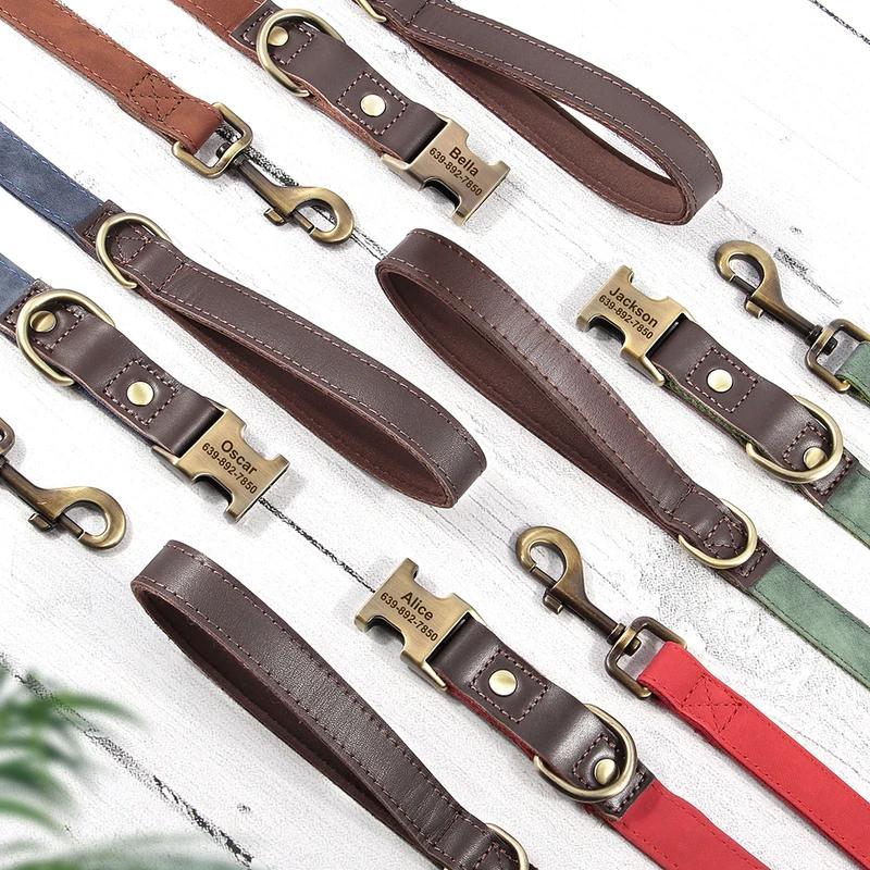 Personalized Leather Dog Collar and Leash Set Custom Engraved Nameplate ID Tag for Small Medium Large Dogs