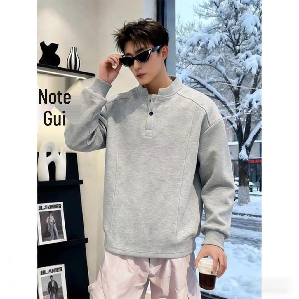 Men's American Style Henley Collar Hoodie: Plain Color, Autumn/Winter Casual Pullover, Long Sleeve Versatile Base Layer.