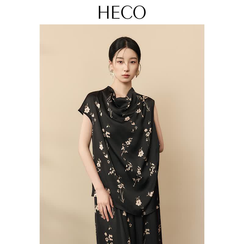 HECO Printed Cowl Neck Short Sleeve Top L