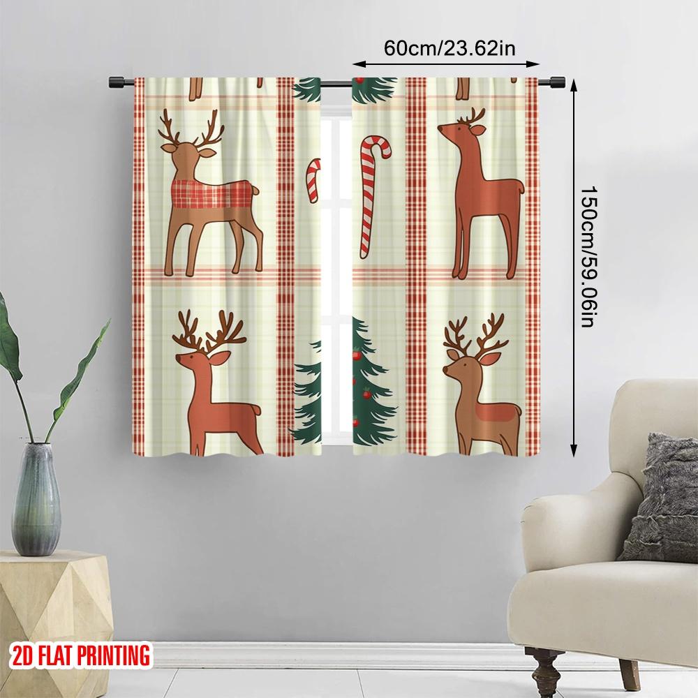 2pcs,2D Plane Printing Window Curtain Christmas Trees Candy Canes Reindeer (3) Polyester Fabric (without Rod) All Seasons