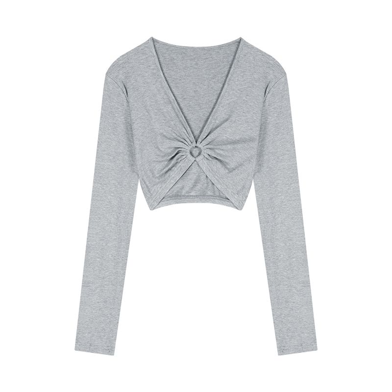

Hollow out V-neck Silm Hot Crop Top Upper Clothes Long Sleeves T-shirt Melange gray One size