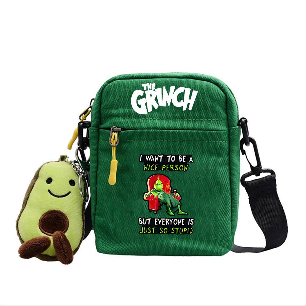 Grinch Christmas Canvas Mini Crossbody Bag With Zipper And Internal Storage For Daily Outings