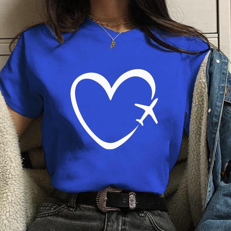 Personalized Creative Airplane Heart Pattern Printed T-Shirt Women's Fashion Shirt Casual Outdoor Women's Round Neck Short Sleev