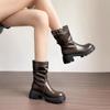 Mode Damen Mid-Calf Schuhe Runde Zehe Damen Halbstiefel Mittelhoher Absatz Leder Sale 2024 Neu Frühling Herbst Stiefel Goth Pu Hot in Rock