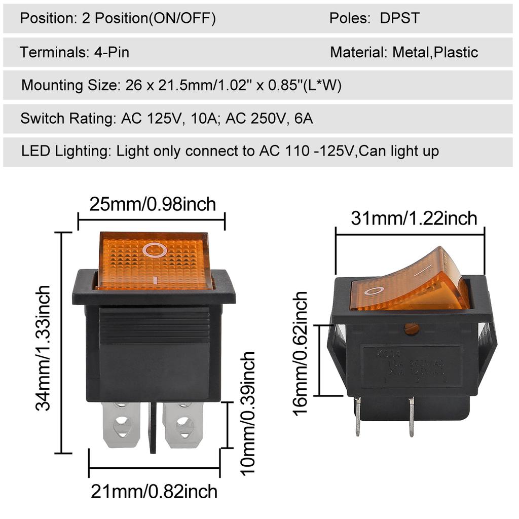 5/10pcs 10A 250V KCD2 KCD4 Rocker Switch DPST 4 Pin Red Lighted 120V Rocker Toggle Switch ON Off Heavy Duty