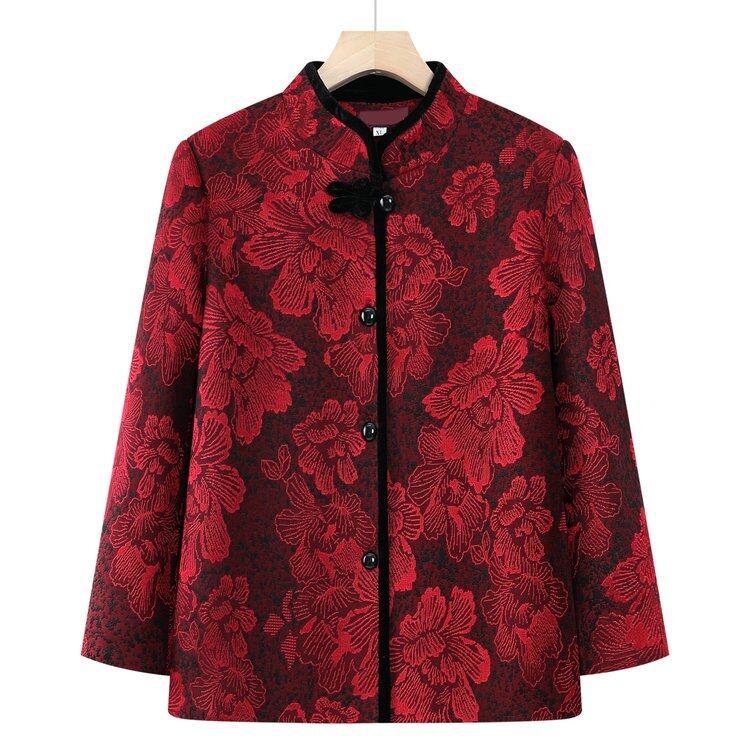 Schlankmachendes Woll-Oberteil im chinesischen Stil für ältere Menschen mit Jacquard-Blumen und Stehkragen