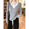 Spring New Casual Skinny Collar Fake Two Bottom Sweater Women's Fashion Lazy Commuter Long Sleeve Knitted Sweater