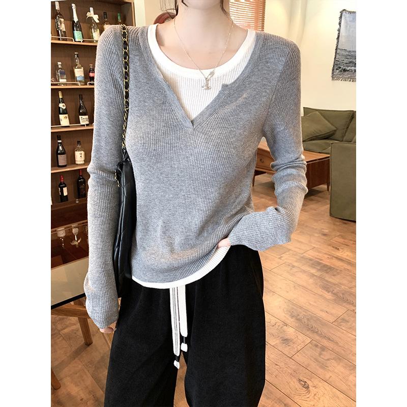 Spring New Casual Skinny Collar Fake Two Bottom Sweater Women's Fashion Lazy Commuter Long Sleeve Knitted Sweater