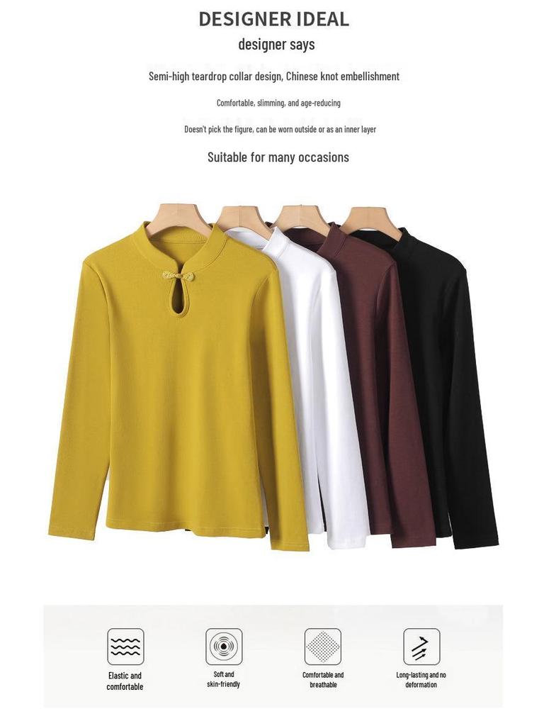 6606# Women's Slim Fit High Neck Long Sleeve T-shirt - Water Drop Neck, New Chinese National Style, Cotton Undershirt, Spring/Autumn.