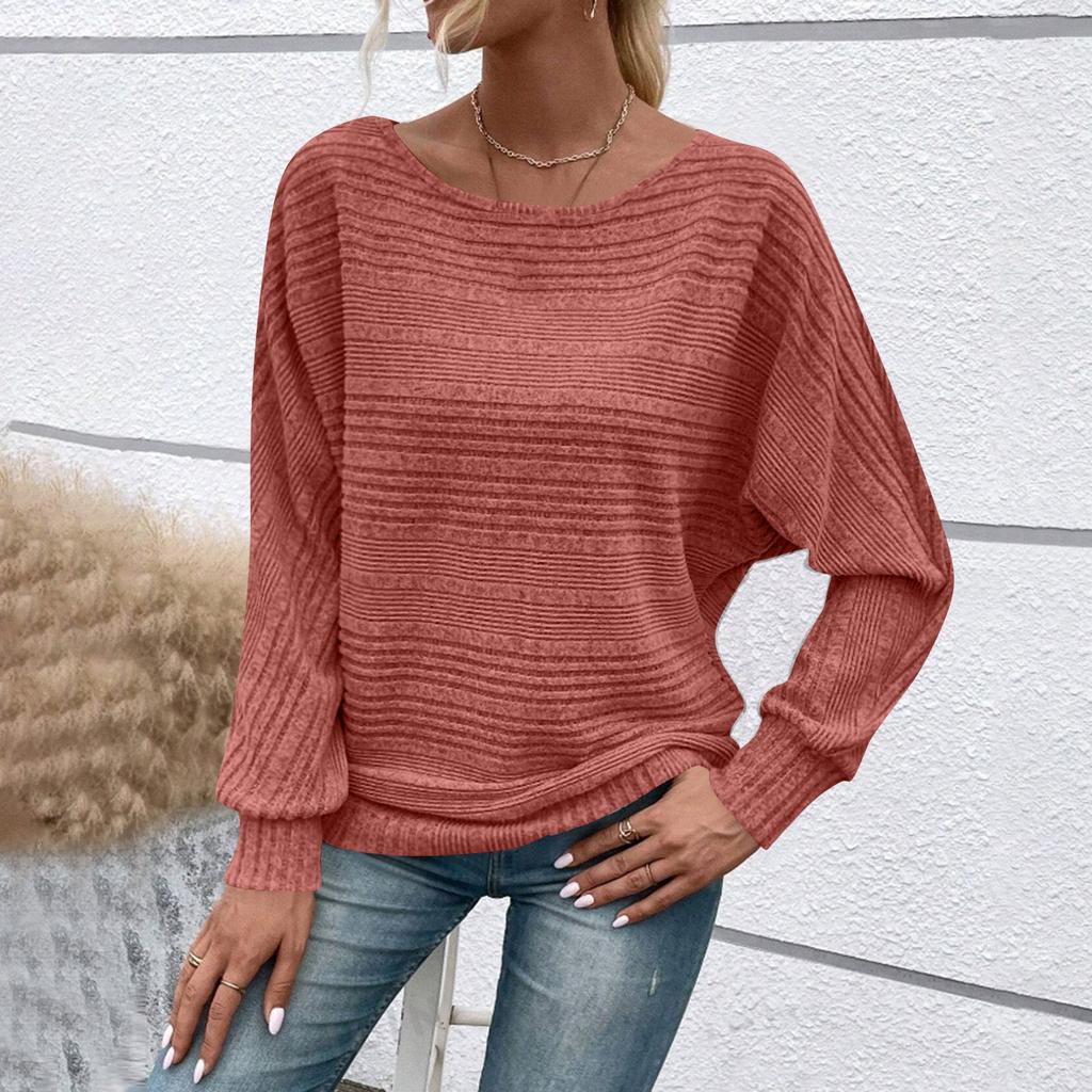 Women's Fashionable Solid Color Round Neck Long Sleeved Casual Pullover T-shirt Top