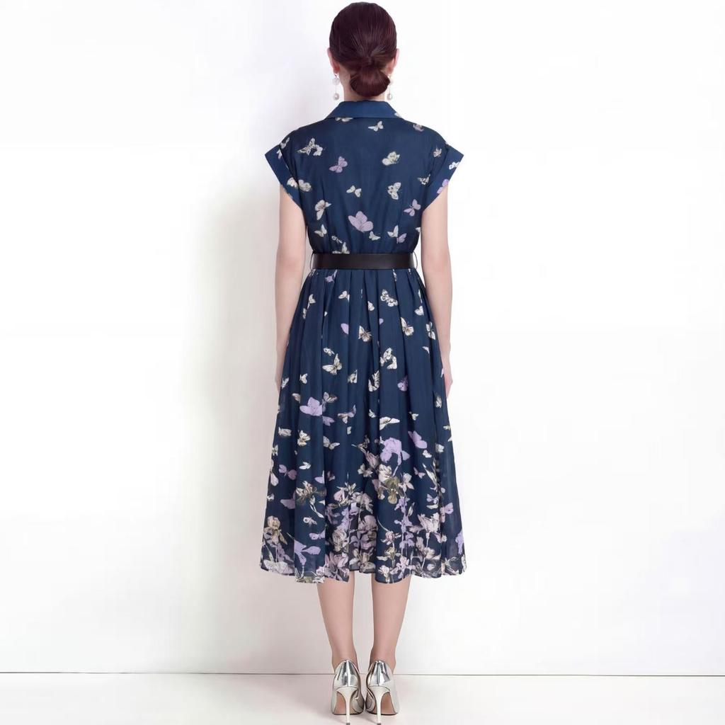 Summer Turn Down Collared Short-Sleeve Midi Dress Women's Elegant Butterfly Print Rangle Sleeve Slim Shirt Dress