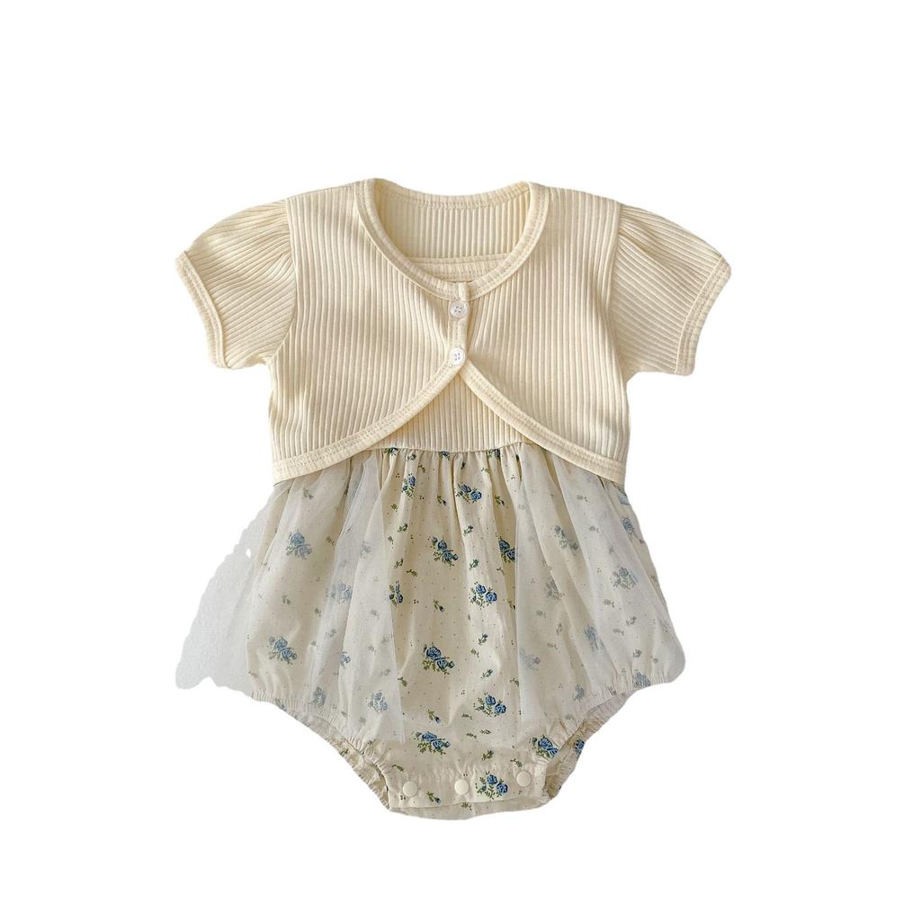 Summer Baby Girl Floral Strap Romper with Detachable Mesh Jacket Lightweight and Breathable