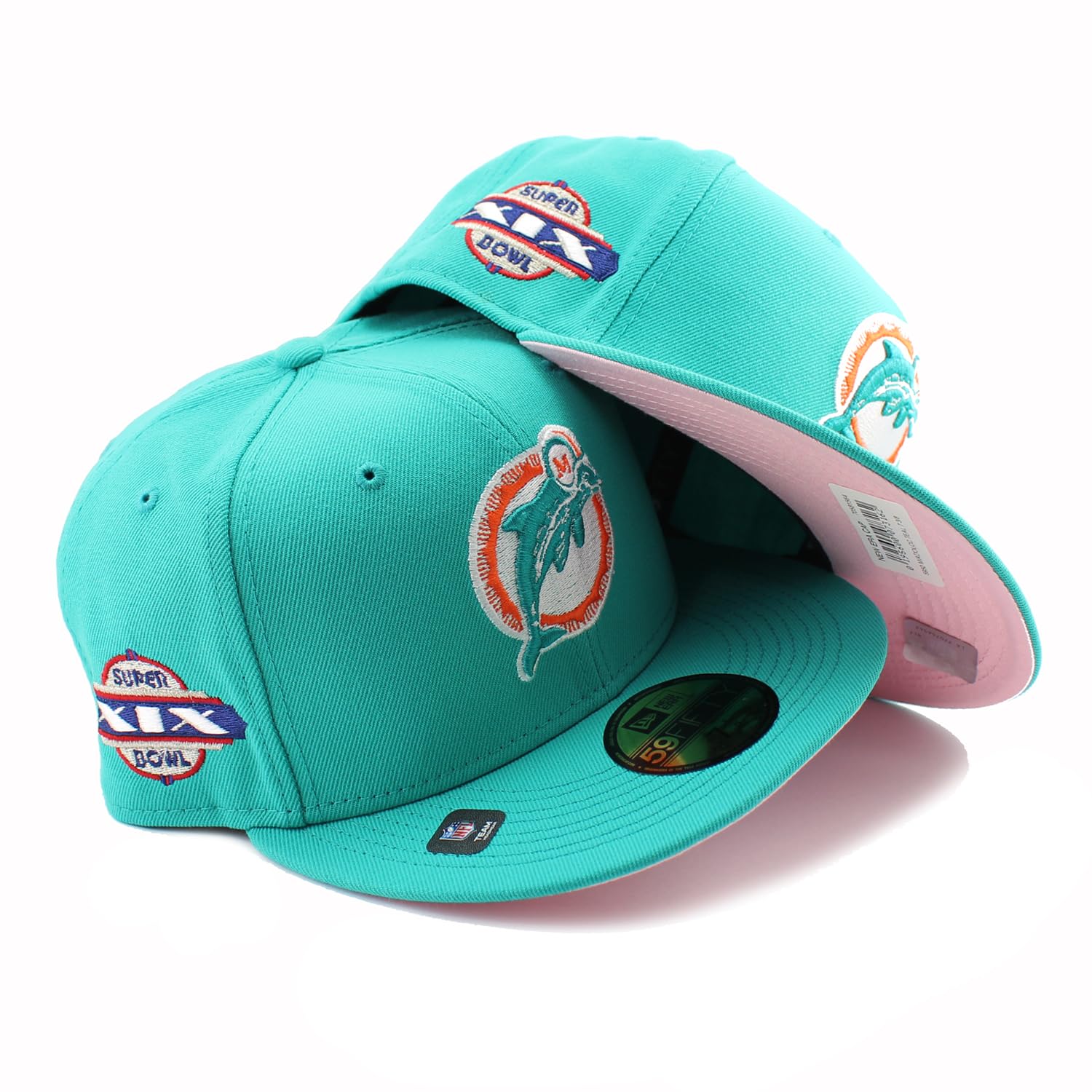 

[New Era] Кепка 59FIFTY Miami Dolphins NFL SUPER BOWL XIX РОЗОВЫЙ НИЗ ОБЛЕГАЮЩАЯ КЕПКА БИРЮЗОВЫЙ MIAMI DOLPHINS Кепка Super Bowl 5950 758 [Б/у]