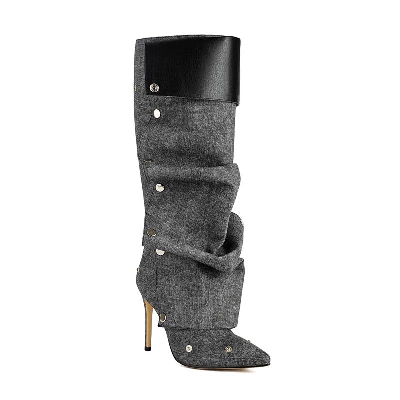 Fashion Women's New Spring and Autumn Pointed Fashion Runway, Metal Rivet Pleated Denim, High Heels, Plus Knee High Boots