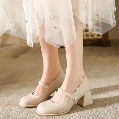 Genuine Leather Mary Jane Shoes Women's Spring and Summer New French Chunky Heel High Heels Fairy Style with Skirt Pumps