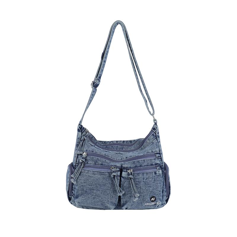 Multi Pocket Denim Crossbody Bag Adjustable Strap Large Capacity Casual Shoulder Purse for Women