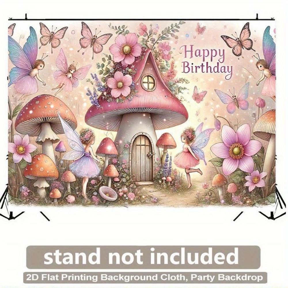 2D Flat Banner - Single Piece Decorative Fairy and Mushroom House Birthday Background FabricDJG