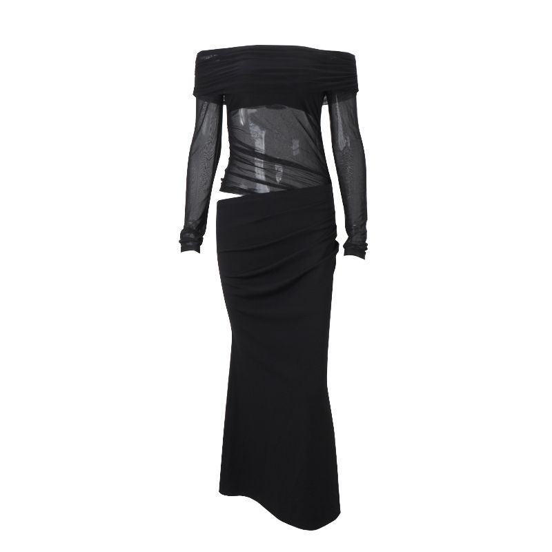 European and American Royal Sister Style Sexy off-Shoulder Mesh Hollow out Long sleeve dress Women Slim fit Hollow out Temperament Black Long dress