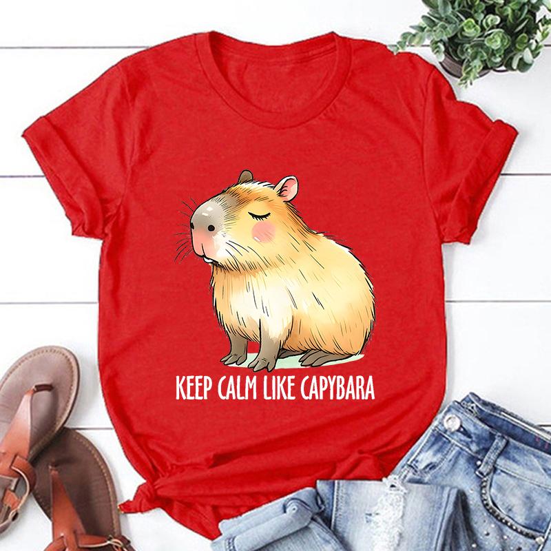 Keep Calm Like Capybara Printed T-Shirts For Women Summer Short Sleeve Tee Shirts Round Neck Casual Summer Unisex Tops